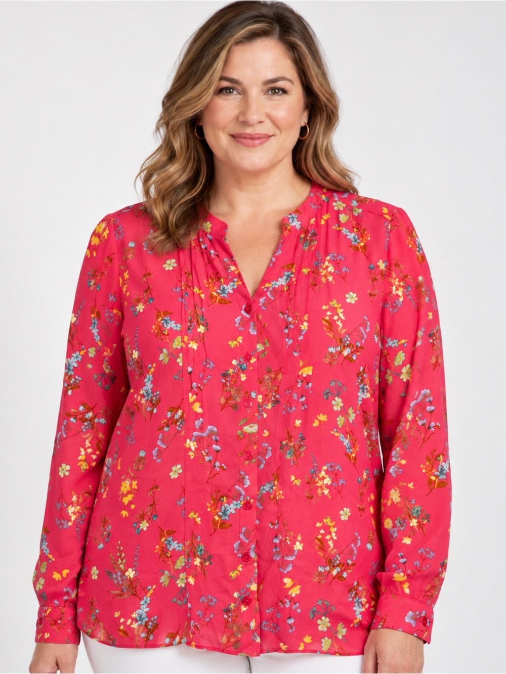 Joan Rivers Pintuck Split V Button-Front Georgette Blouse Paradise Pink Size L